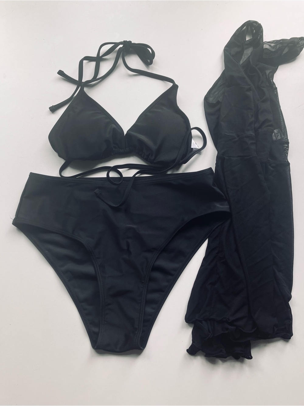 Black 3 Piece Bikini Set High Waist Swimsuit Mesh Cover Dress Size Medium